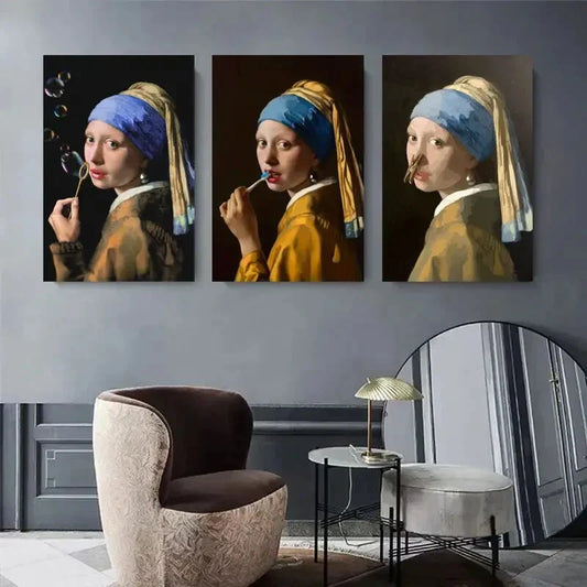 3pcs Girl with Bubble and Lollipop Triptych Metal Print Ready to Hang Art