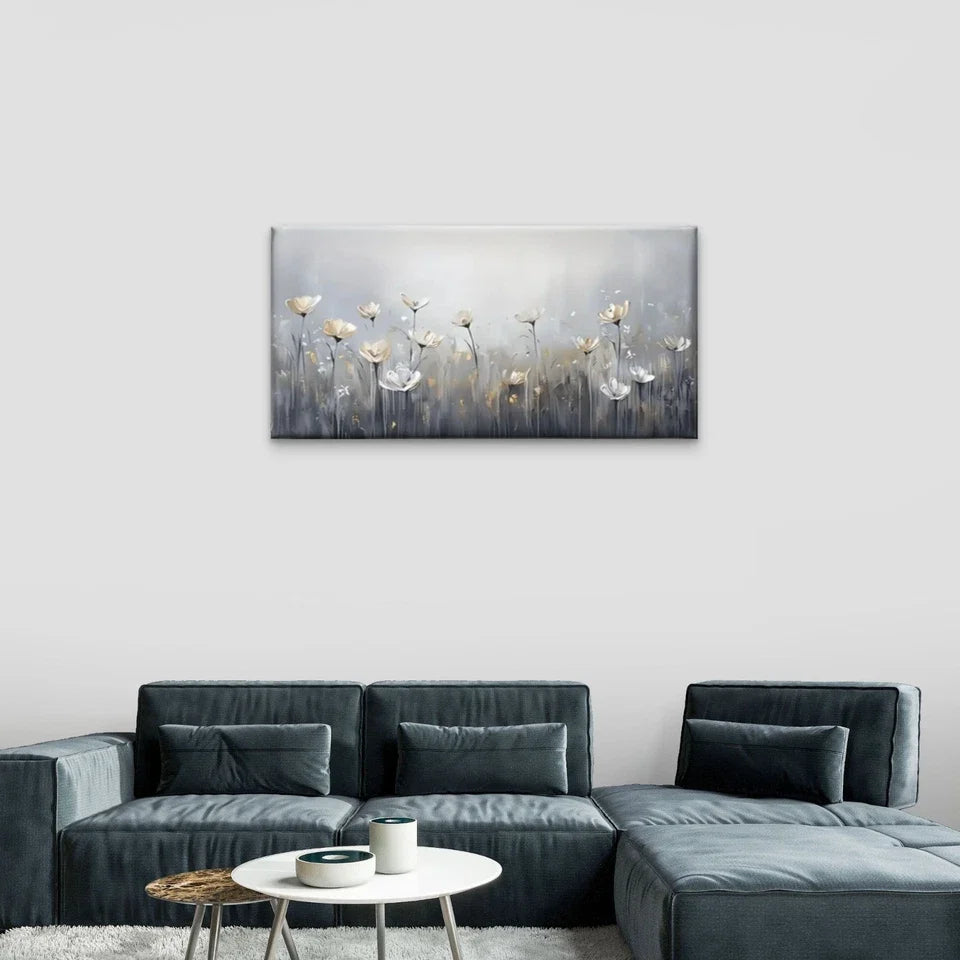White Flowers Gray Abstract Wall Art Canvas Office Home Room Framed 80x45cm