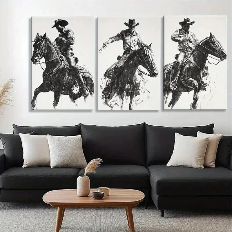 3pcs Dynamic Cowboy on Horse Dark Shadow Perfect Wall Art Set Canvas Framed 40x60cm - High Quality Print 100% Australian Made Wall Canvas Ready to Hang