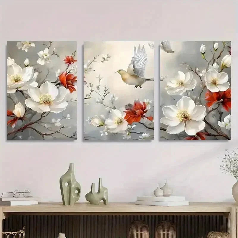3pcs Elegant Magnolia and Bird Nature Metal Print Ready to Hang Art