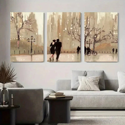 3pcs Couple Walking in the Park, Abstract Elegant Metal Print Ready to Hang Art