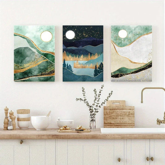 3pcs Golden Adorned Mountain Mist Metal Print Ready to Hang Art