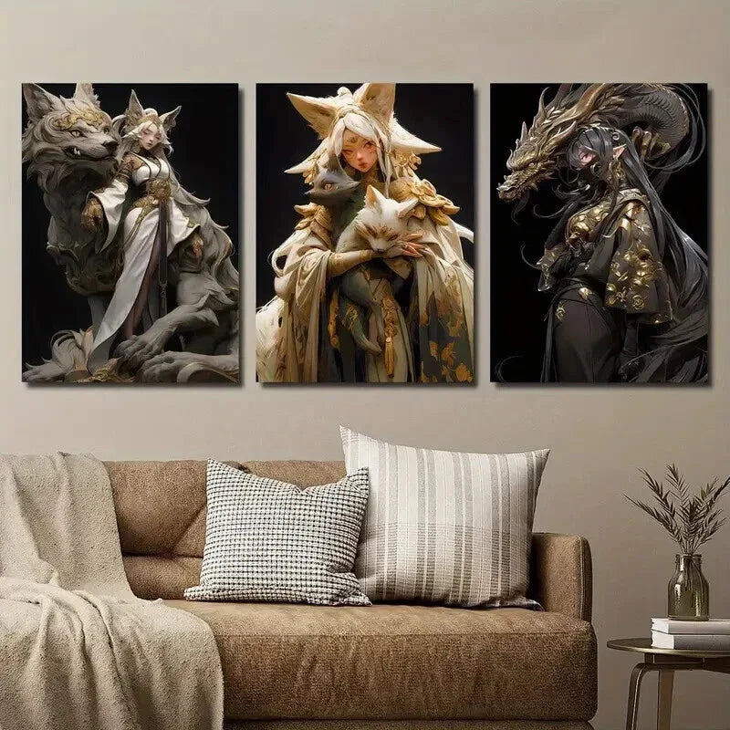 3pcs Anime Fantasy Golden Female Characters Wall Art Set Canvas Framed 40x60cm - High Quality Print 100% Australian Made Wall Canvas Ready to Hang