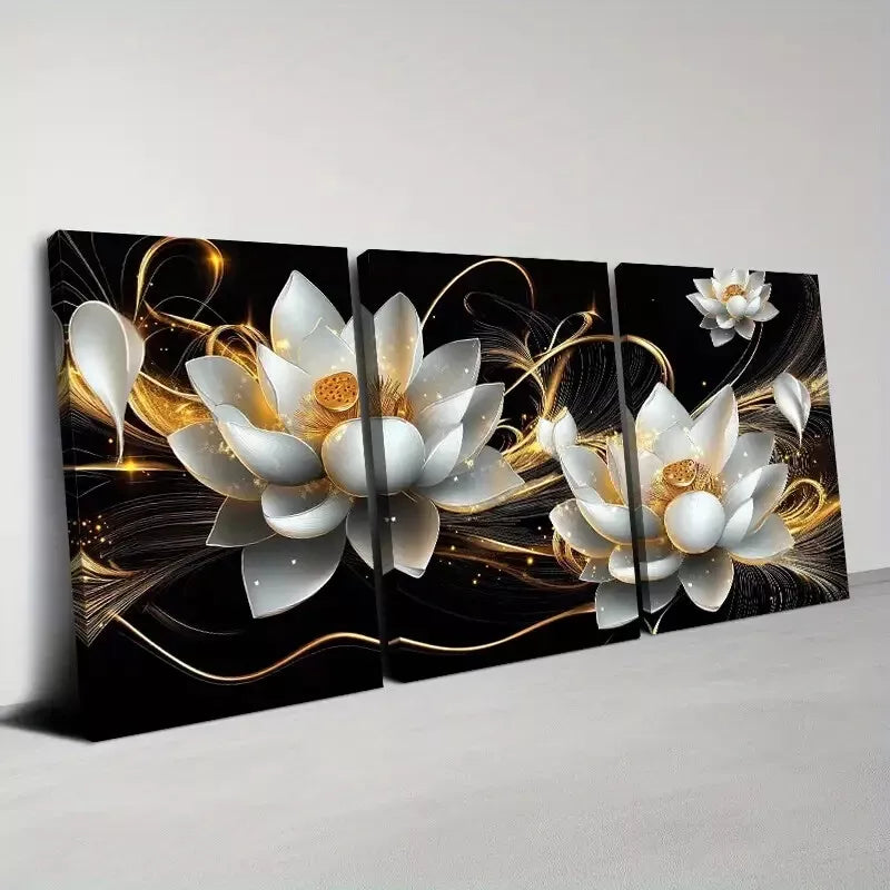 3pcs Lotus Floral Design with Golden Accents Wall Art Set Canvas Framed 40x60cm - High Quality Print 100% Australian Made Wall Canvas Ready to Hang