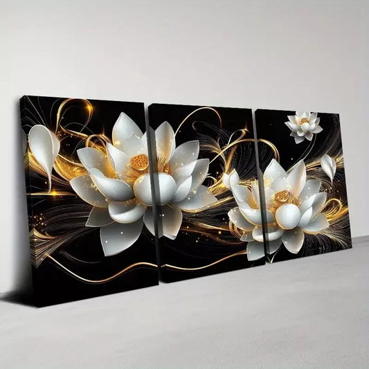 3pcs Lotus Floral Design with Golden Accents Wall Art Set Canvas Framed 40x60cm - High Quality Print 100% Australian Made Wall Canvas Ready to Hang