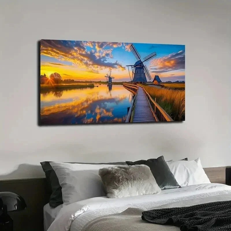 Windmills At Sunset Serene Wall Art Canvas Office Home Room Framed 120x60cm