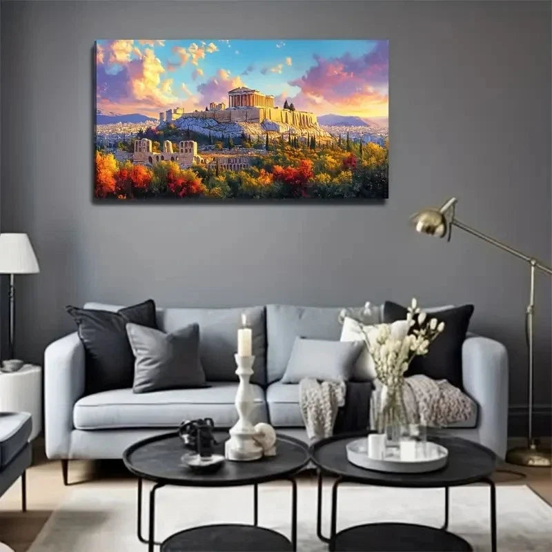 Hilltop Castle Painting Autumn Wall Art Canvas Office Home Room Framed 120x60cm