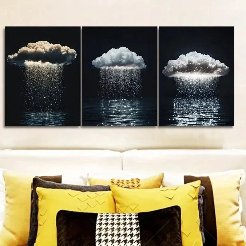 3pcs Featuring a Solitary Cloud with Rain Wall Art Set Canvas Framed 40x60cm - High Quality Print 100% Australian Made Wall Canvas Ready to Hang