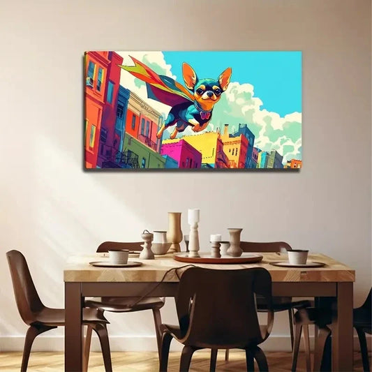 Superhero Dog Flying Painting Wall Art Canvas Office Home Room Framed 80x45cm