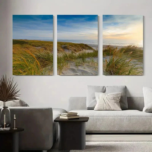 3pcs Tranquil Beach Grass Landscape Serene Metal Print Ready to Hang Art