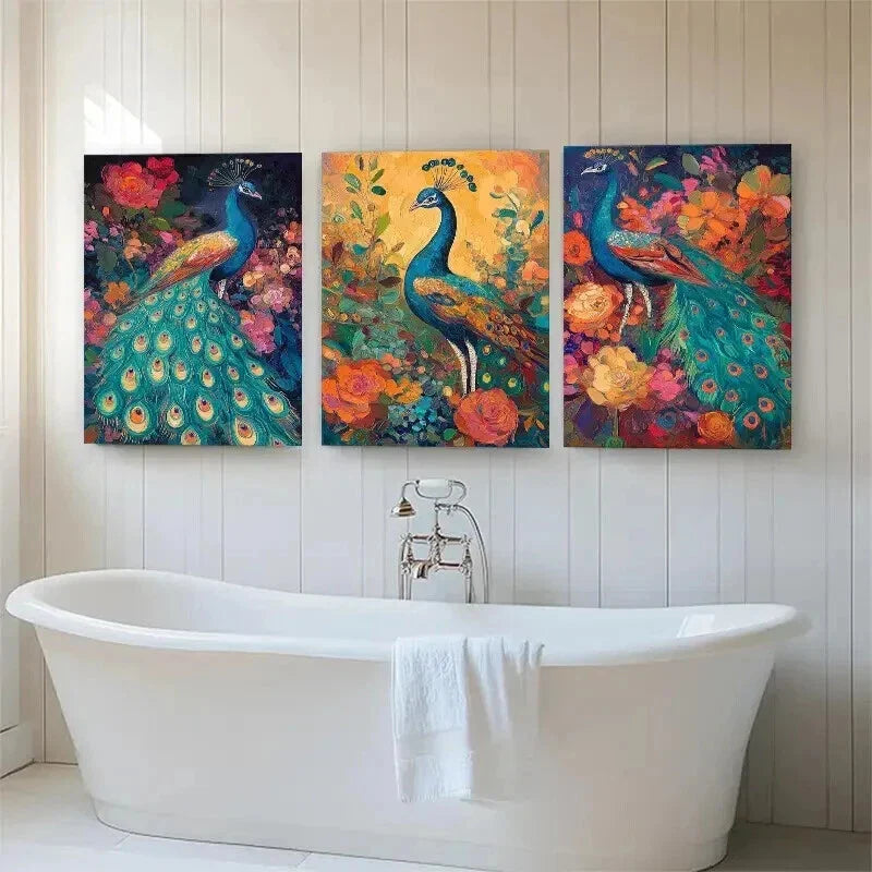 3pcs Peacock and Floral Colorful Nature Prefect Wall Art Set Canvas Framed 40x60cm - High Quality Print 100% Australian Made Wall Canvas Ready to Hang