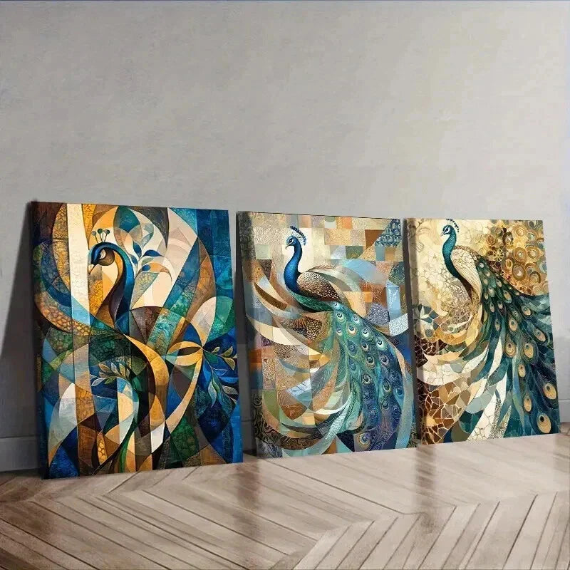 3pcs Featuring a Peacock Displaying Feathers Wall Art Set Canvas Framed 40x60cm - High Quality Print 100% Australian Made Wall Canvas Ready to Hang
