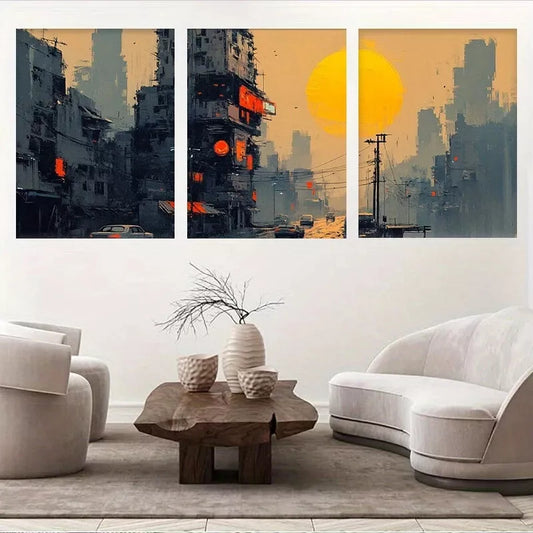 3pcs Urban Dystopian Sunset Cyberpunk Cityscape  Wall Art Set Canvas Framed 40x60cm - High Quality Print 100% Australian Made Wall Canvas Ready to Hang