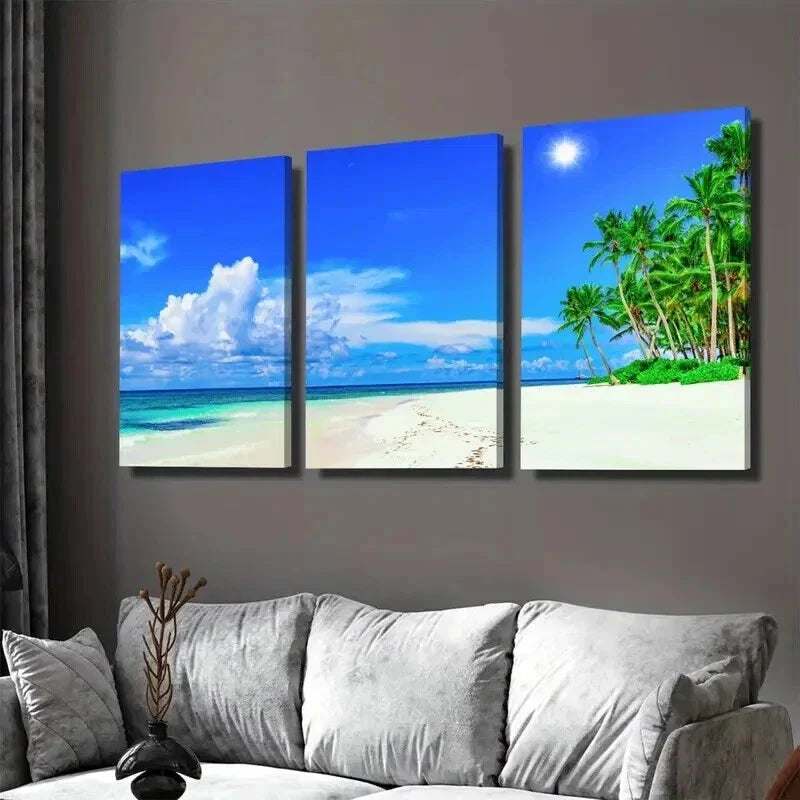 3pcs Palm Trees & Sandy Shoreline Beach Paradise Wall Art Set Canvas Framed 40x60cm - High Quality Print 100% Australian Made Wall Canvas Ready to Hang