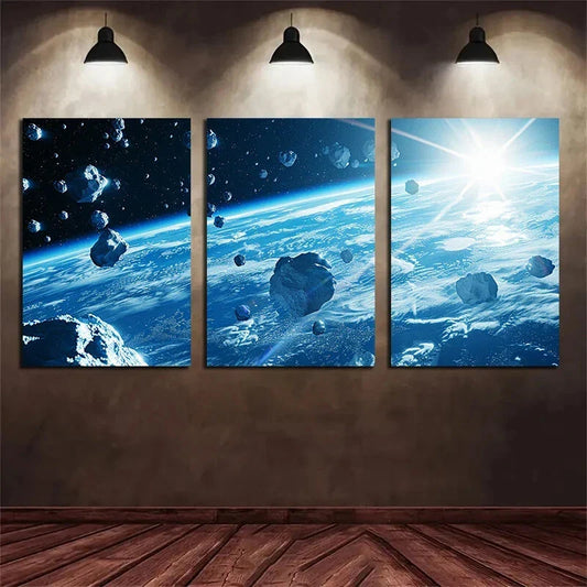 3pcs Planet Ay with Rocks and in Space Metal Print Ready to Hang Art