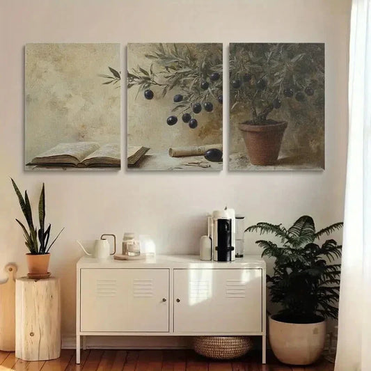 3pcs Michelangelo Style Contemporary Olive Tree Metal Print Ready to Hang Art