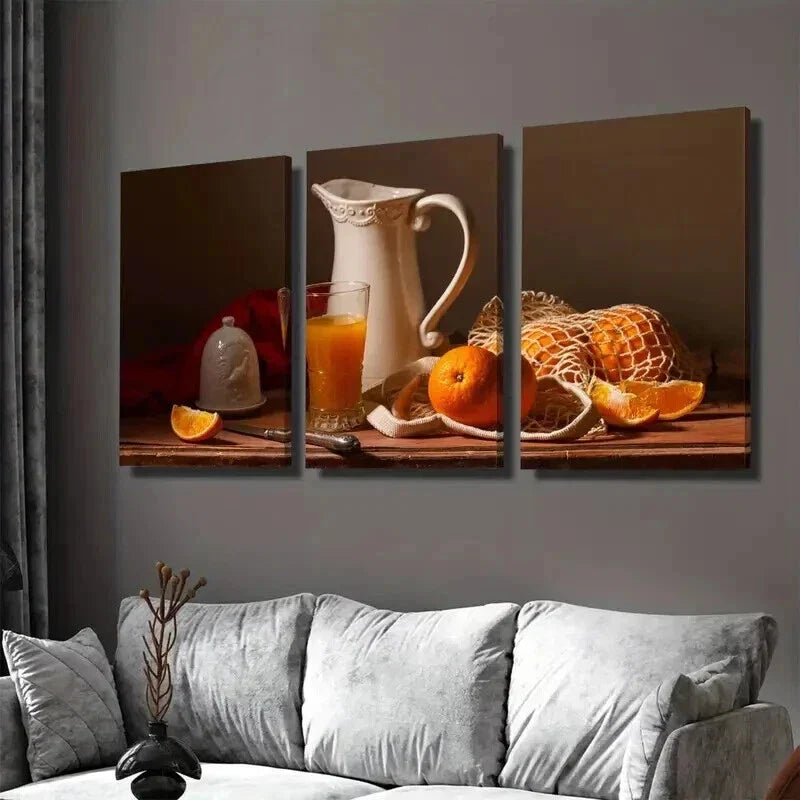 3pcs Oranges, Pitcher & Glass Classic Wall Art Set Canvas Framed 40x60cm - High Quality Print 100% Australian Made Wall Canvas Ready to Hang