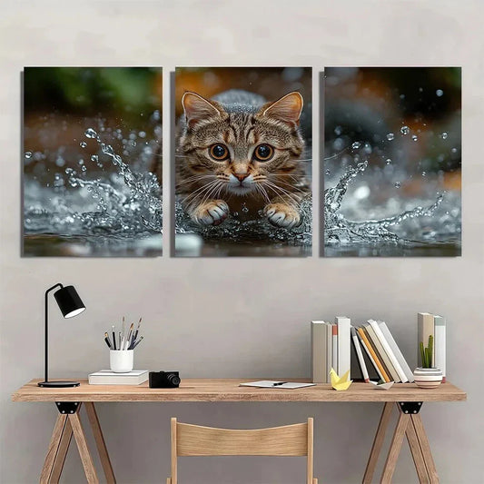3pcs Vibrant Playful Animal Water Drops Metal Print Ready to Hang Art