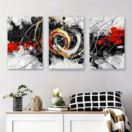 3pcs Modern Abstract Black, Red, and Golden Metal Print Ready to Hang Art