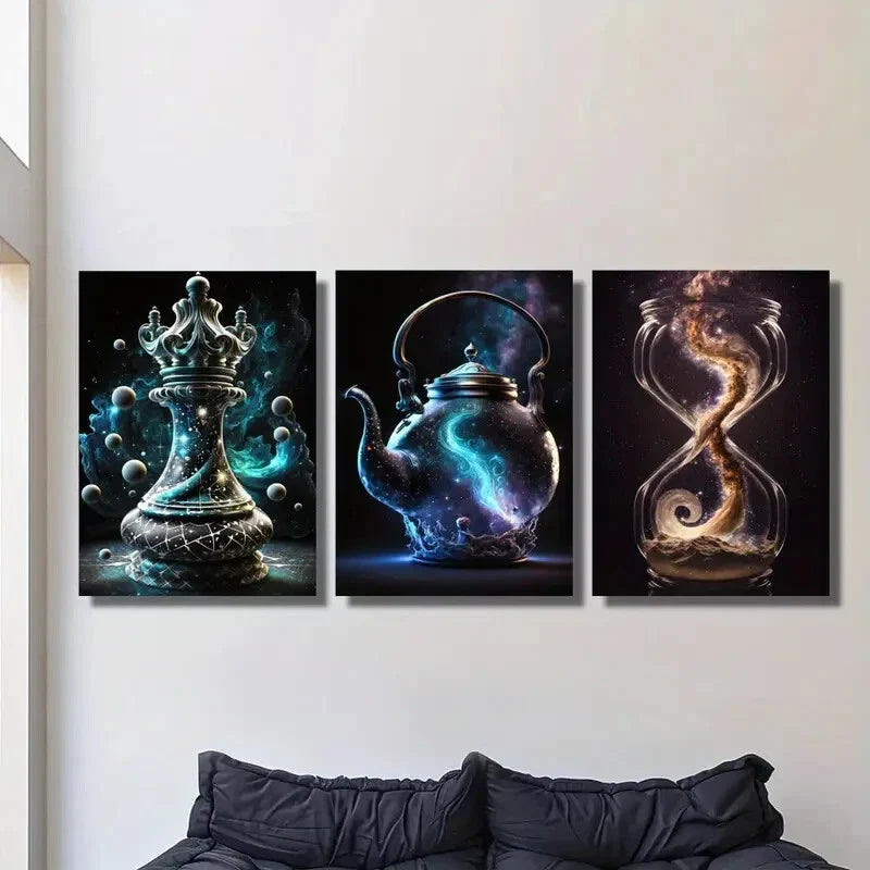 3pcs Magic Container Chess Teapot Metal Print Ready to Hang Art