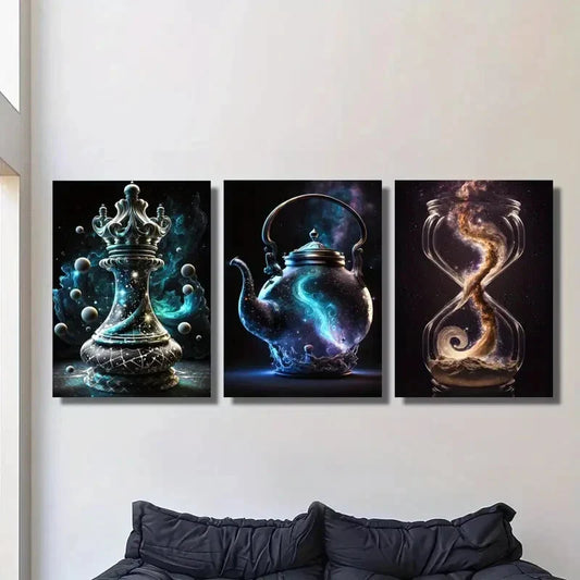 3pcs Magic Container Chess Teapot Metal Print Ready to Hang Art
