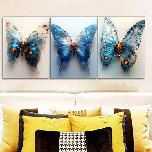 3pcs  Blue Mechanical Butterfly Wall Art Set Canvas Framed 40x60cm - High Quality Print 100% Australian Made Wall Canvas Ready to Hang
