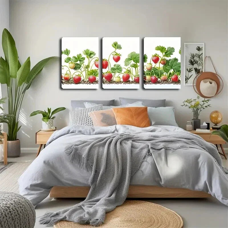 3pcs Growing Strawberries In Vivid Style Wall Art Set Canvas Framed 40x60cm - High Quality Print 100% Australian Made Wall Canvas Ready to Hang