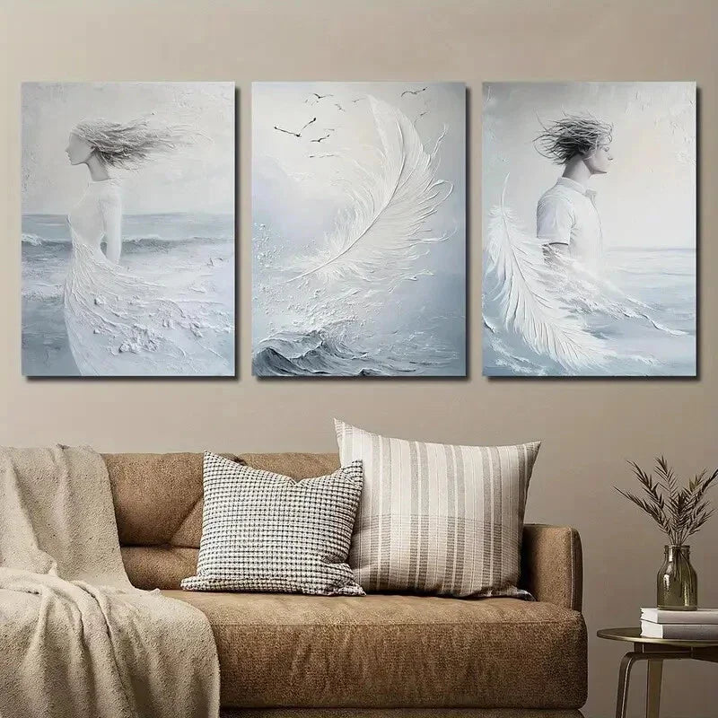 3pcs Abstract Feather Decor Wall Art Set Canvas Framed 40x60cm - High Quality Print 100% Australian Made Wall Canvas Ready to Hang