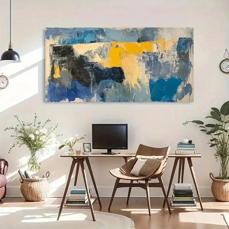 Abstract Yellow & Blue Modern Wall Art Canvas Office Home Room Framed 120x60cm