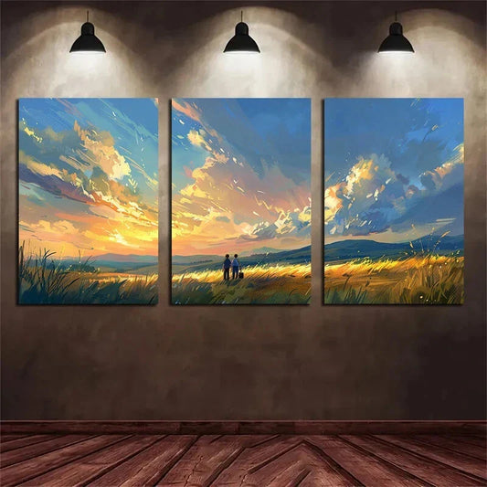 3pcs Oil Painting Under The Sunset Metal Print Ready to Hang Art