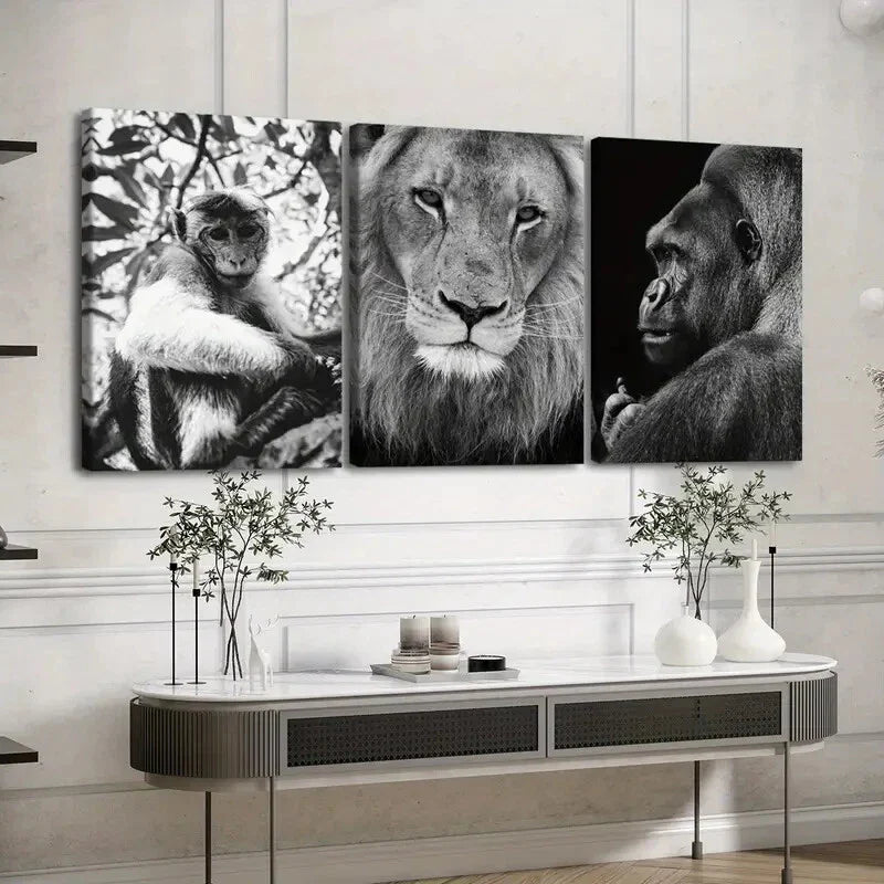 3pcs Vintage Black Animal Monkey Lion & Gorilla Wall Art Set Canvas Framed 40x60cm - High Quality Print 100% Australian Made Wall Canvas Ready to Hang