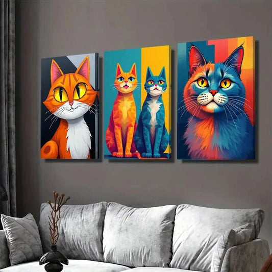 3pcs Colorful Cat Vibrant Animal Paintings Wall Art Set Canvas Framed 40x60cm - High Quality Print 100% Australian Made Wall Canvas Ready to Hang
