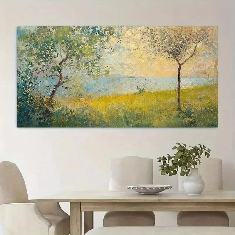 Yellow Flowers & Trees Mod Red Wall Art Canvas Office Home Room Framed 120x60cm