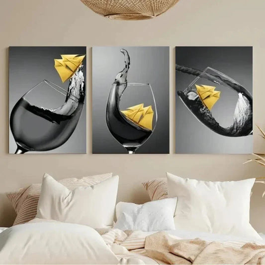 3pcs Black White Yellow Wine Glass Painting Metal Print Ready to Hang Art