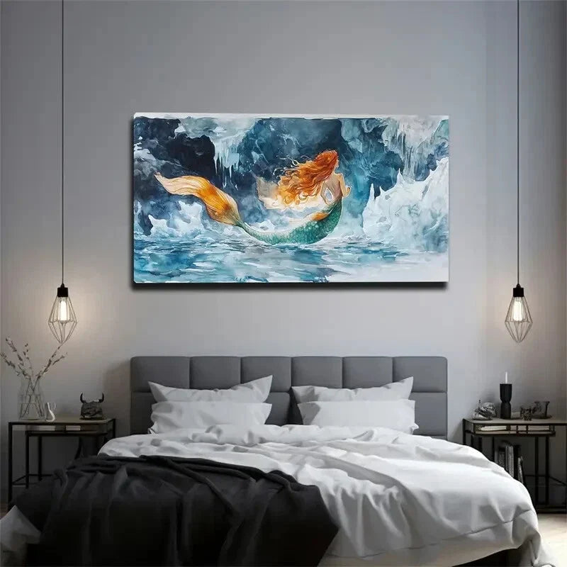 Vibrant Red-Haired Mermaid Wall Art Canvas Office Home Room Framed 120x60cm