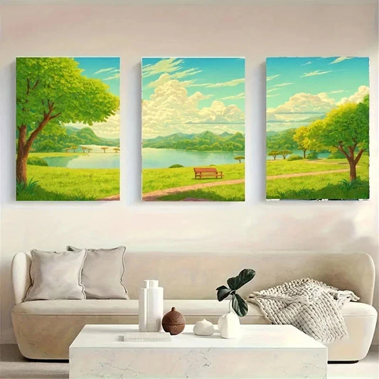 3pcs A Serene Landscape Featuring a Lake Metal Print Ready to Hang Art