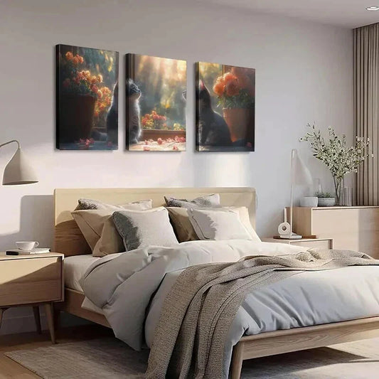 3pcs Serene Feline Next to an Open Window Wall Art Set Canvas Framed 40x60cm - High Quality Print 100% Australian Made Wall Canvas Ready to Hang