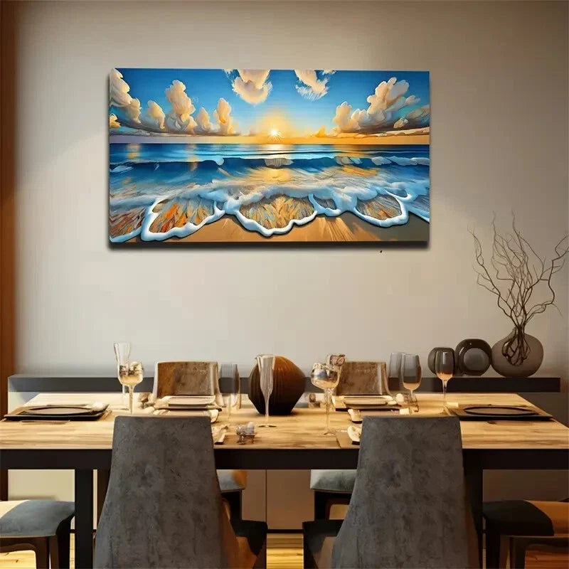 White Spray to Shore Beach Wall Art Canvas Office Home Room Framed 120x60cm