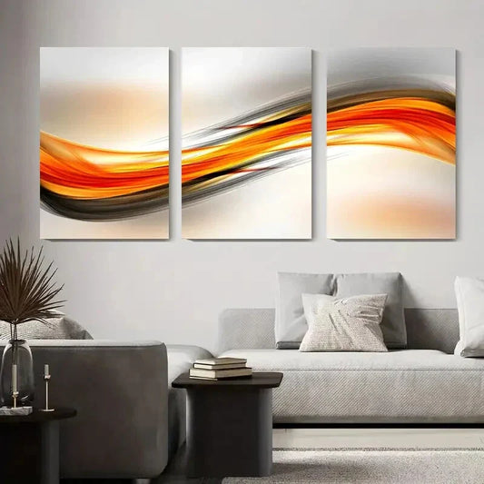 3pcs Abstract Flowing Lines Orange and Black Wave Metal Print Ready to Hang Art