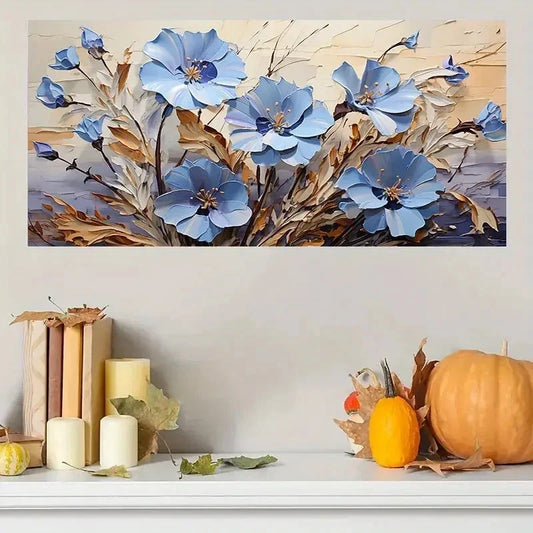 Blue Wildflower Modern Rustic Wall Art Canvas Office Home Room Framed 120x60cm