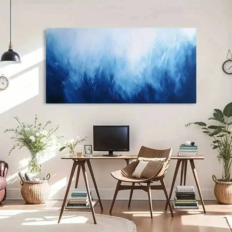 Vibrant Blue & White Energy Wall Art Canvas Office Home Room Framed 80x45cm