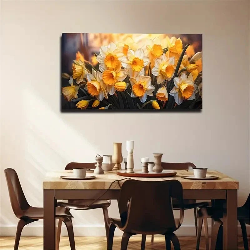 Yellow & Golden Floral Wall Art Canvas Office Home Room Framed 80x45cm
