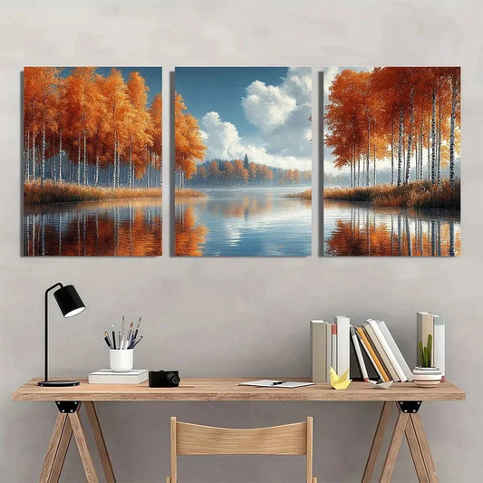 3pcs Autumn Birch Tree Serene River Scene Metal Print Ready to Hang Art