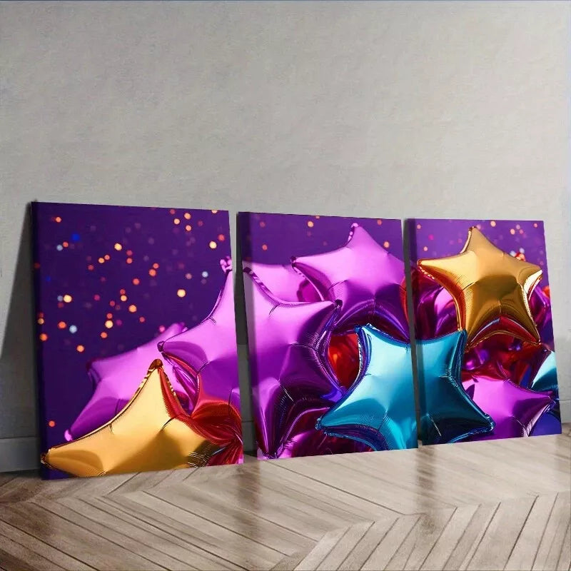 3pcs Star-Shaped Balloons Colorful Wall Art Set Canvas Framed 40x60cm - High Quality Print 100% Australian Made Wall Canvas Ready to Hang