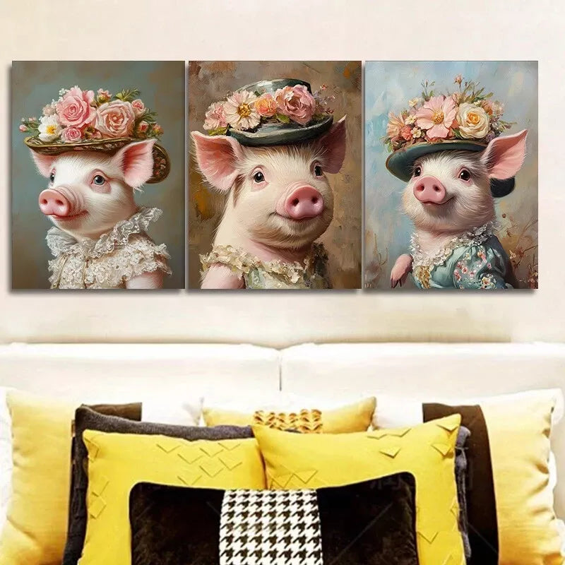 3pc   Featuring a Pig in a Stylish Hat Wall Art Set Canvas Framed 40x60cm - High Quality Print 100% Australian Made Wall Canvas Ready to Hang