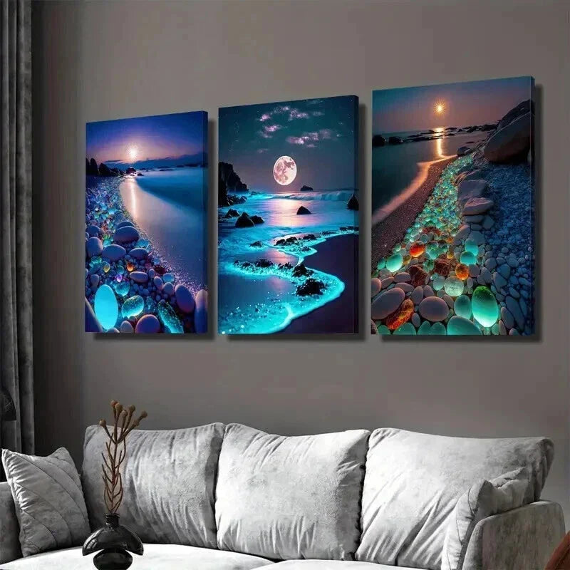 3pcs Beach Moonlight Sunset and Starry Sky Wall Art Set Canvas Framed 40x60cm - High Quality Print 100% Australian Made Wall Canvas Ready to Hang