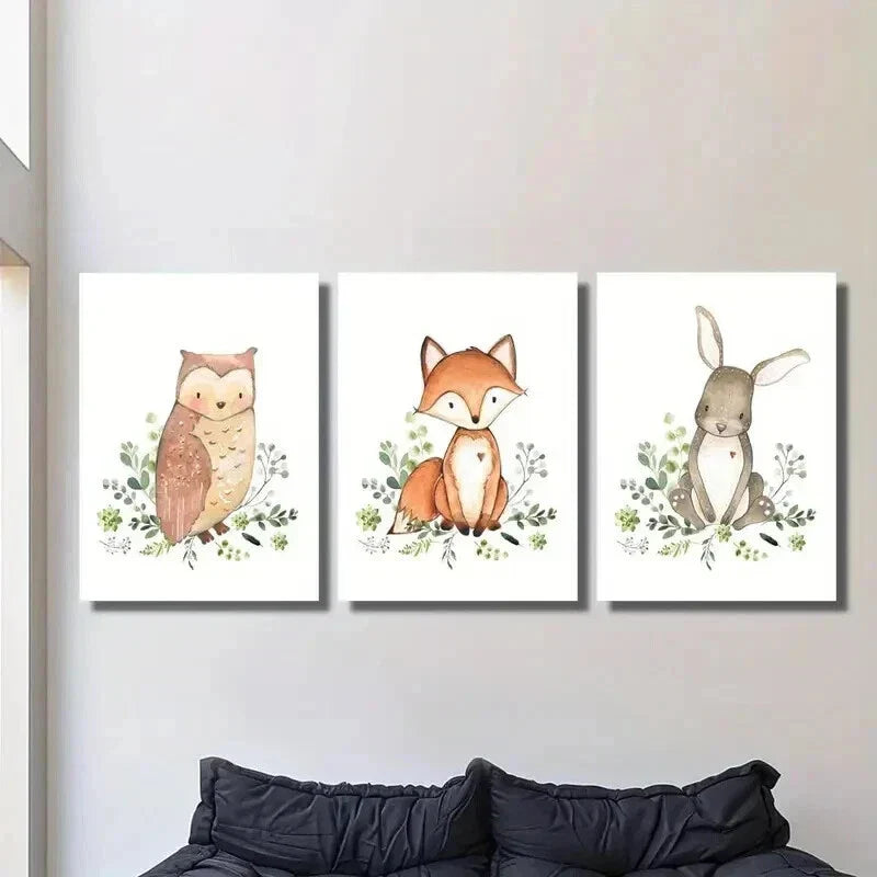 3pcs Cute Owl Fox and Rabbit Decoration Wall Art Set Canvas Framed 40x60cm - High Quality Print 100% Australian Made Wall Canvas Ready to Hang