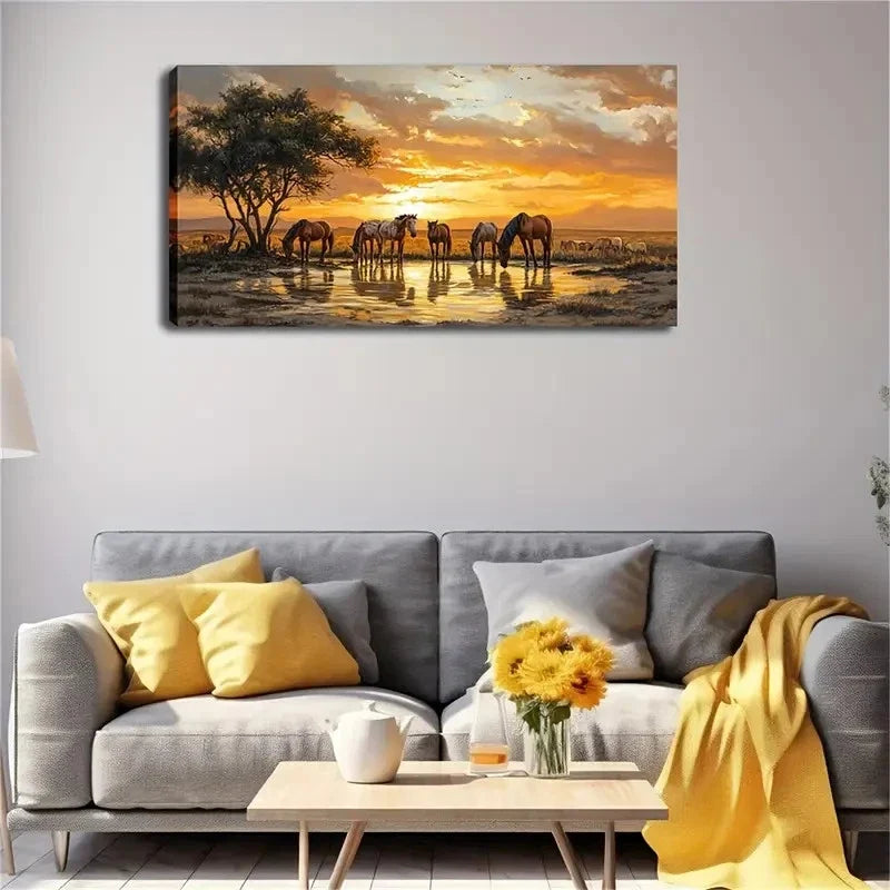 Waterfront Horses Orange Sky Wall Art Canvas Office Home Room Framed 120x60cm