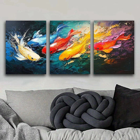 3pcs Abstract Colourful Fishes Red Blue & Gold Metal Print Ready to Hang Art