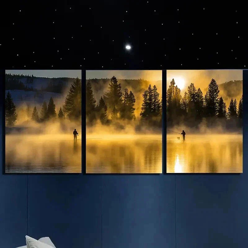 3pcs Two People Fishing at the Lake Wall Art Set Canvas Framed 40x60cm - High Quality Print 100% Australian Made Wall Canvas Ready to Hang